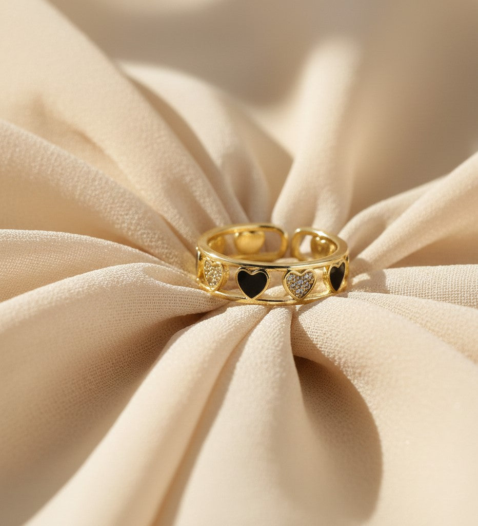 Nisa Premium Golden-Polish Heart Shape Design With Diamonds And Heart Shape Black Pearl Studded Fingering For Women and Girls