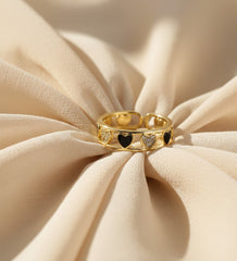 Nisa Premium Golden-Polish Heart Shape Design With Diamonds And Heart Shape Black Pearl Studded Fingering For Women and Girls