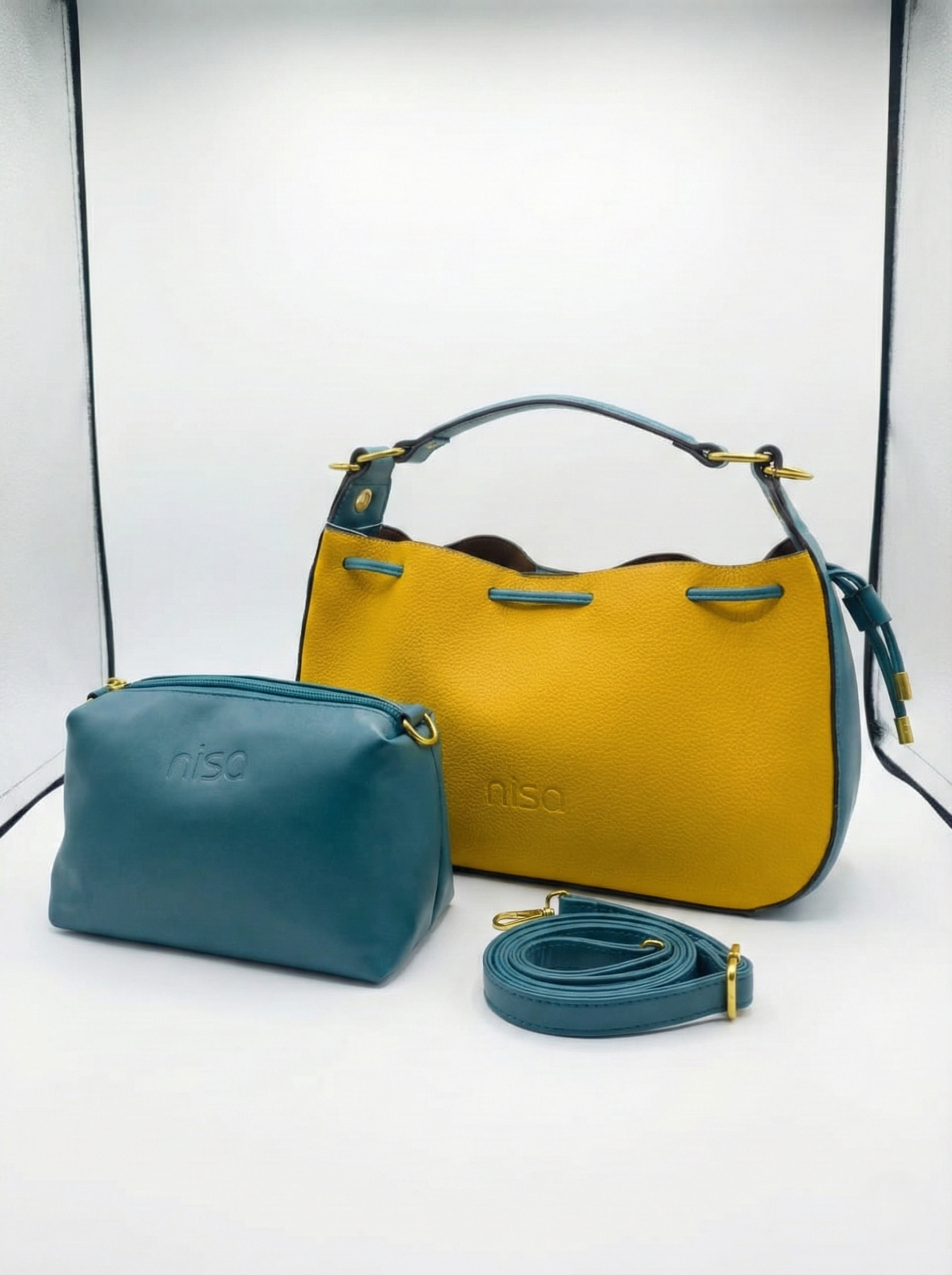 Nisa Two-Tone Leather Hobo Bag & Pouch Set