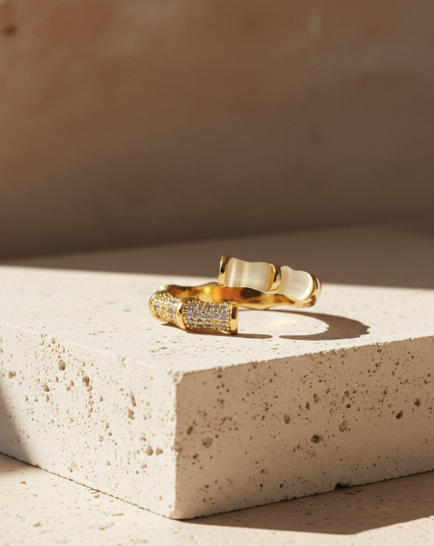 Nisa Premium Golden-Polish Korean-Bamboo Design With Diamonds And White Pearl Studded Fingering For Women and Girls