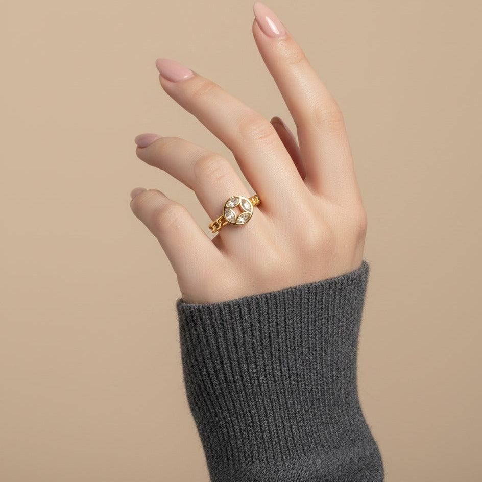 Nisa Premium Golden-Polish Round-Quad Design With Diamond And Cystal Studded Fingering For Women and Girls