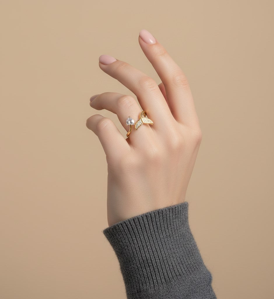 Nisa Premium Golden-Polish Hanging Heart Shape Design With Diamond Of Heart Shape Studded Fingering For Women and Girls