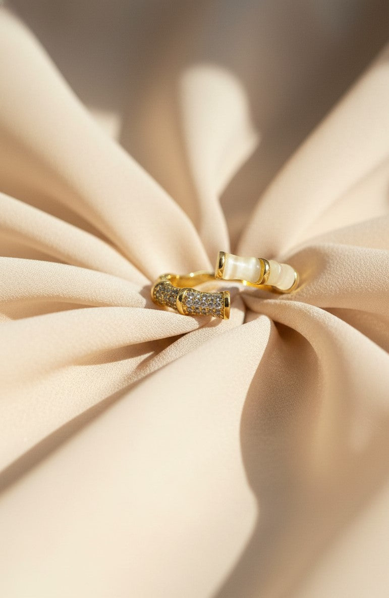 Nisa Premium Golden-Polish Korean-Bamboo Design With Diamonds And White Pearl Studded Fingering For Women and Girls