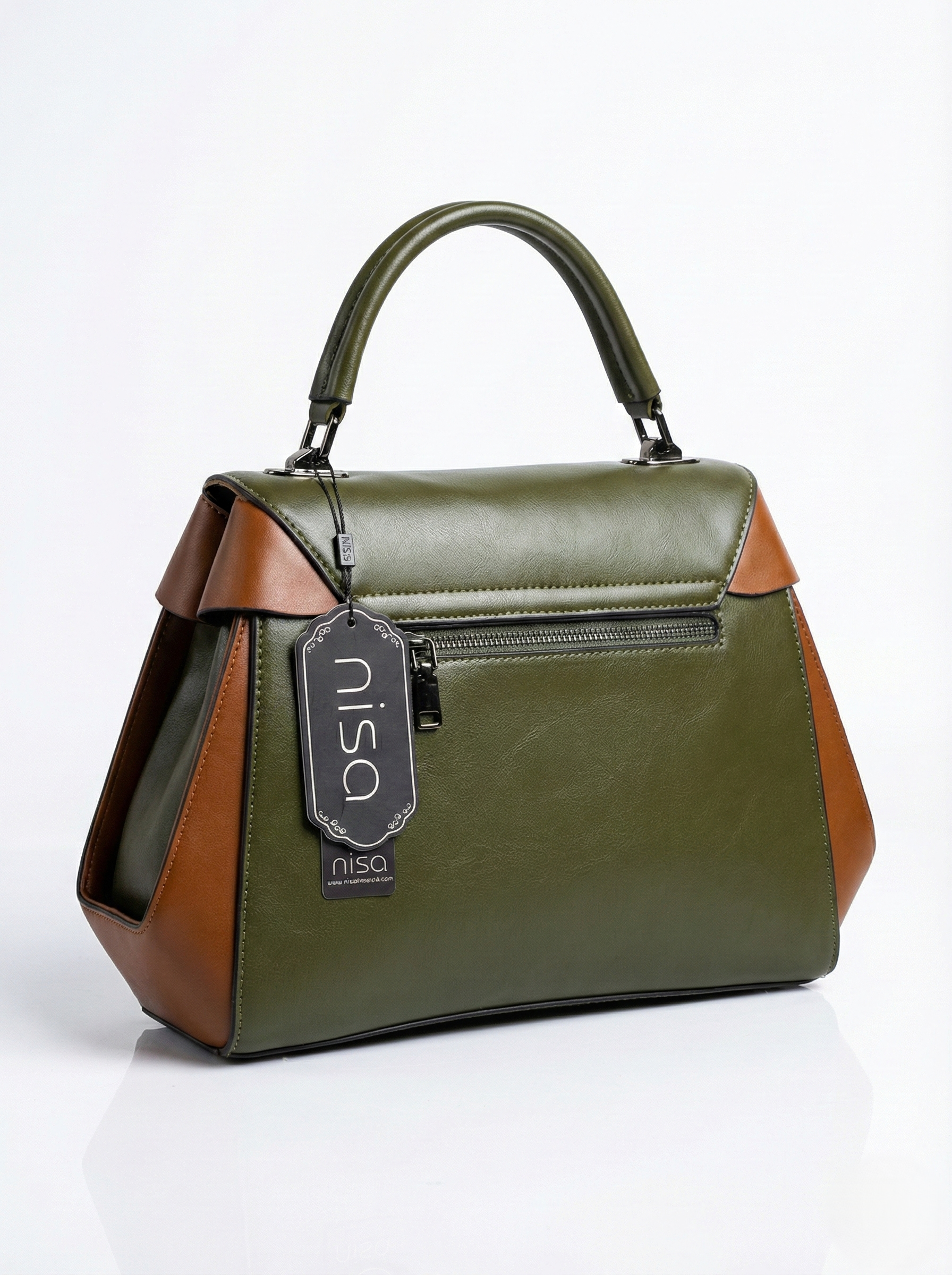 Nisa Olive & Tan Structured Satchel Bag
