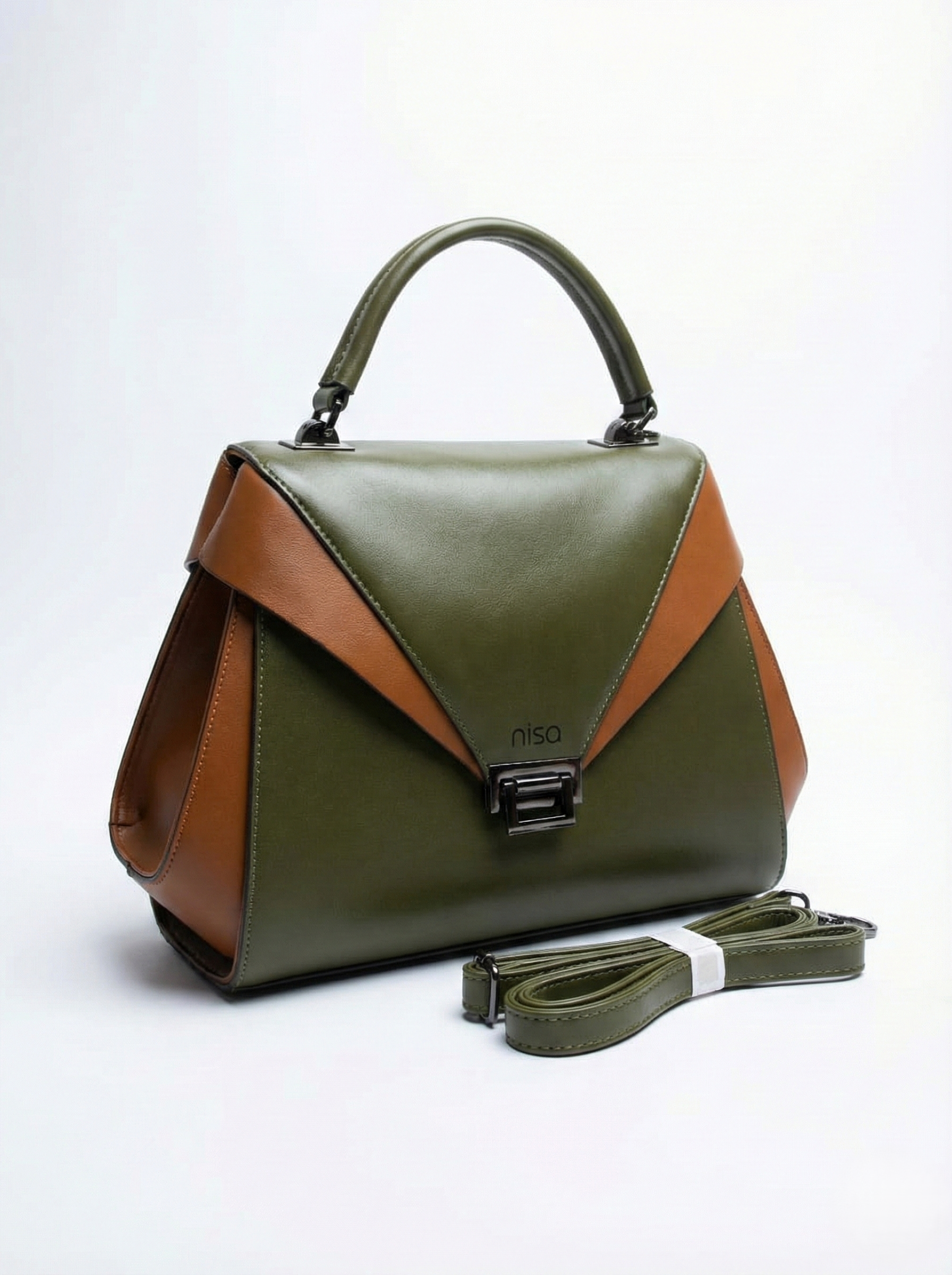 Nisa Olive & Tan Structured Satchel Bag
