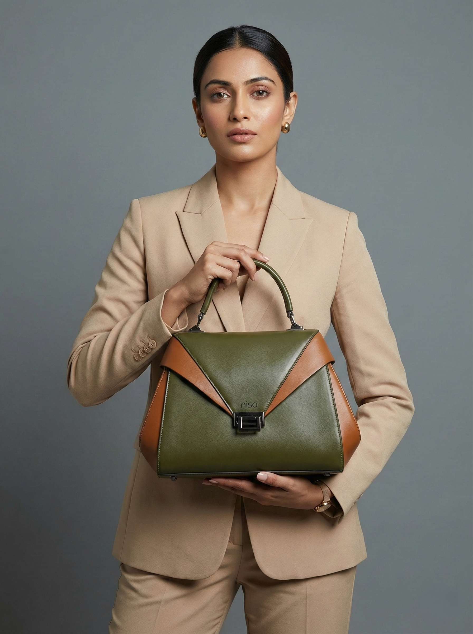 Nisa Olive & Tan Structured Satchel Bag