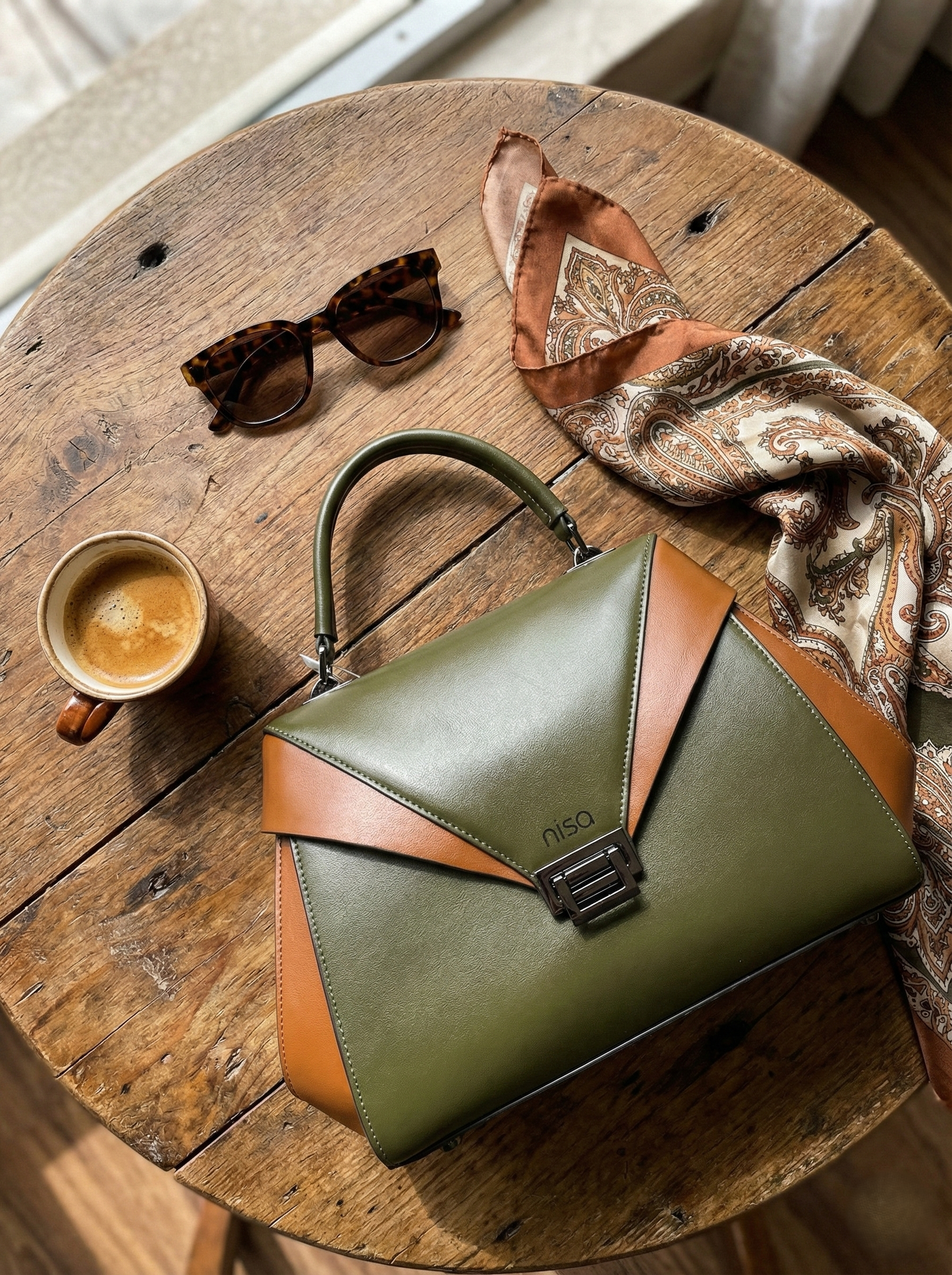 Nisa Olive & Tan Structured Satchel Bag