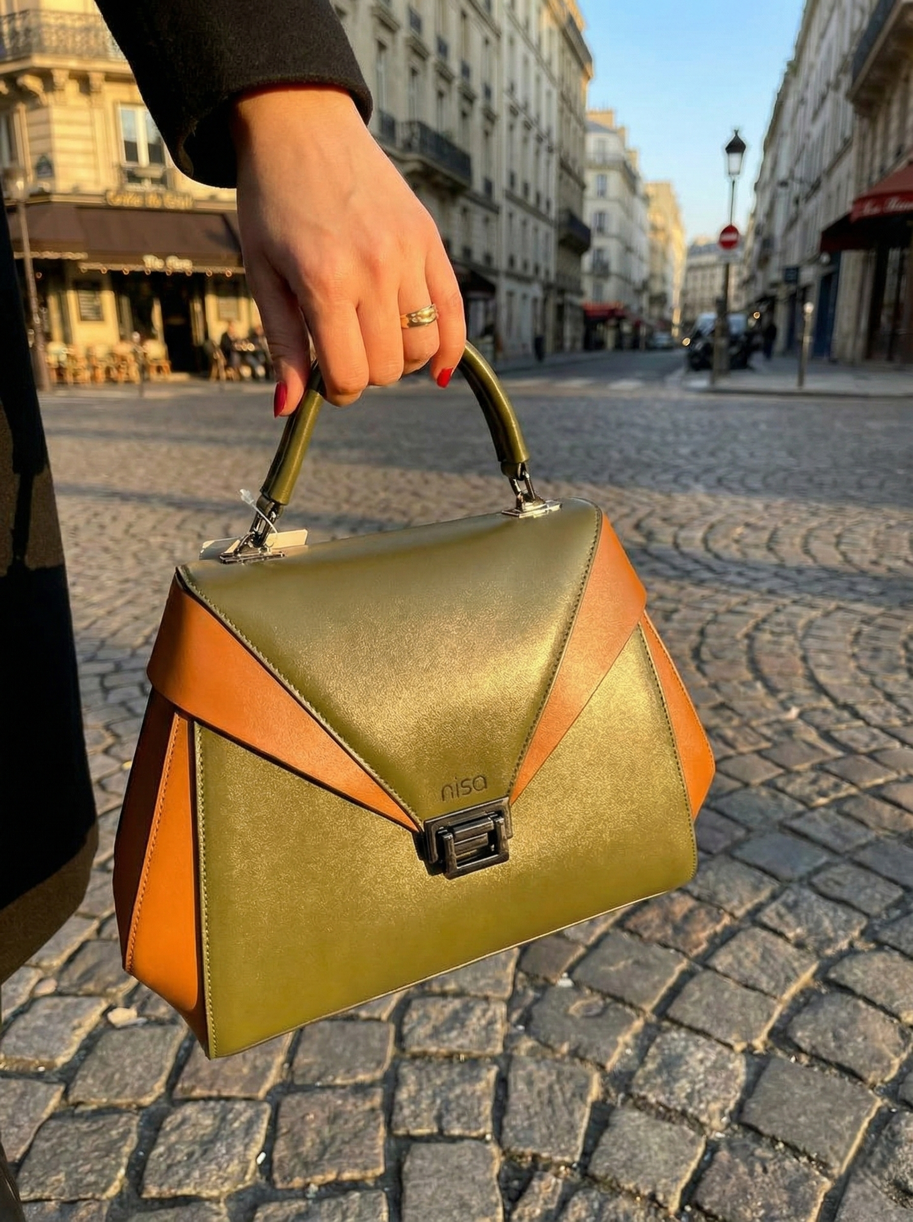 Nisa Olive & Tan Structured Satchel Bag