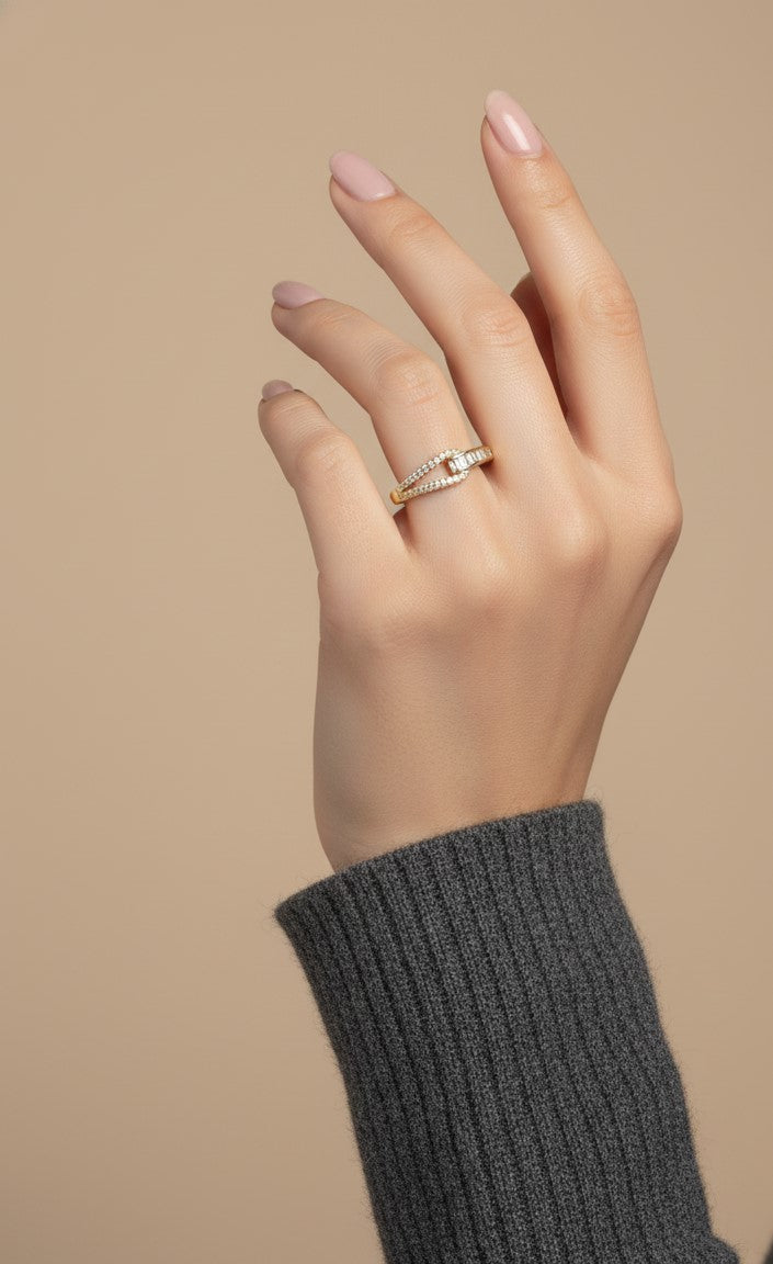 Nisa Premium Golden-Polish Delicate Knot Design With Diamonds And Crystal Studded Fingering For Women and Girls