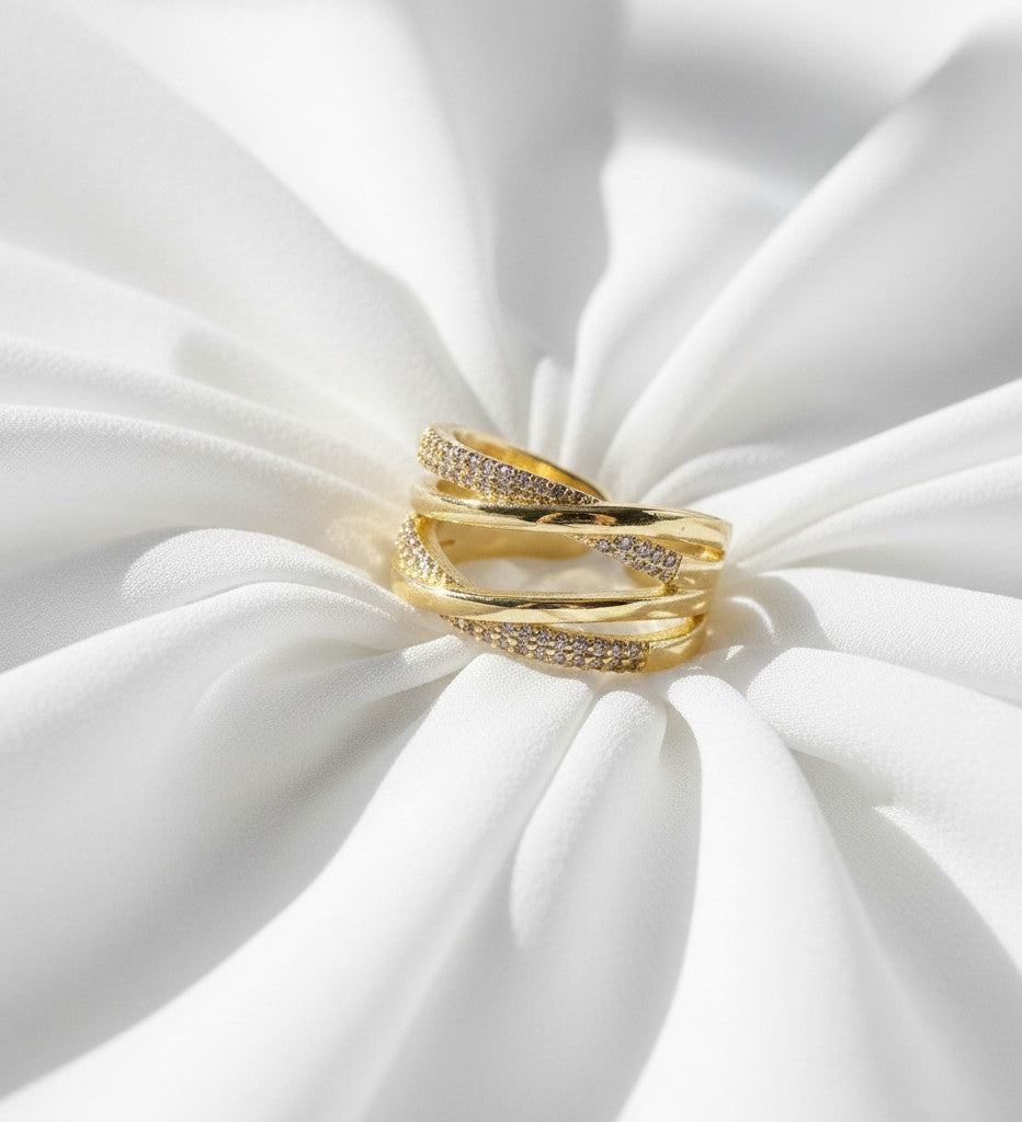 Nisa Premium Golden-Polish Dual Cross Design With Diamond Studded  Fingering For Women and Girls