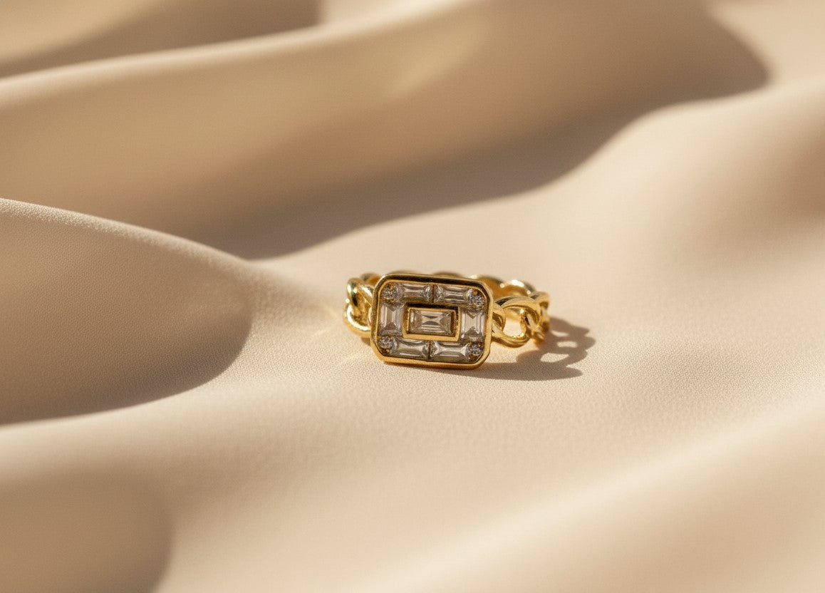 Nisa Premium Golden-Polish Chain Design With Diamonds Studded Fingering For Women and Girls