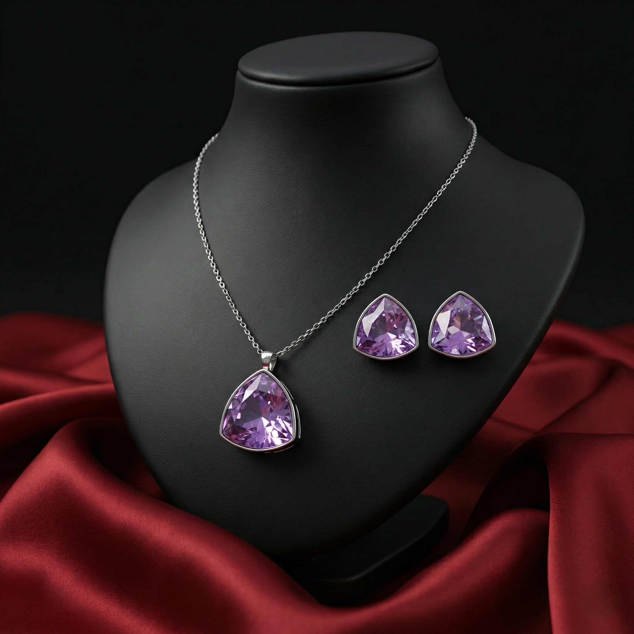 Silver-Tone Geometric Crystal Pendant Set & Matching Studs