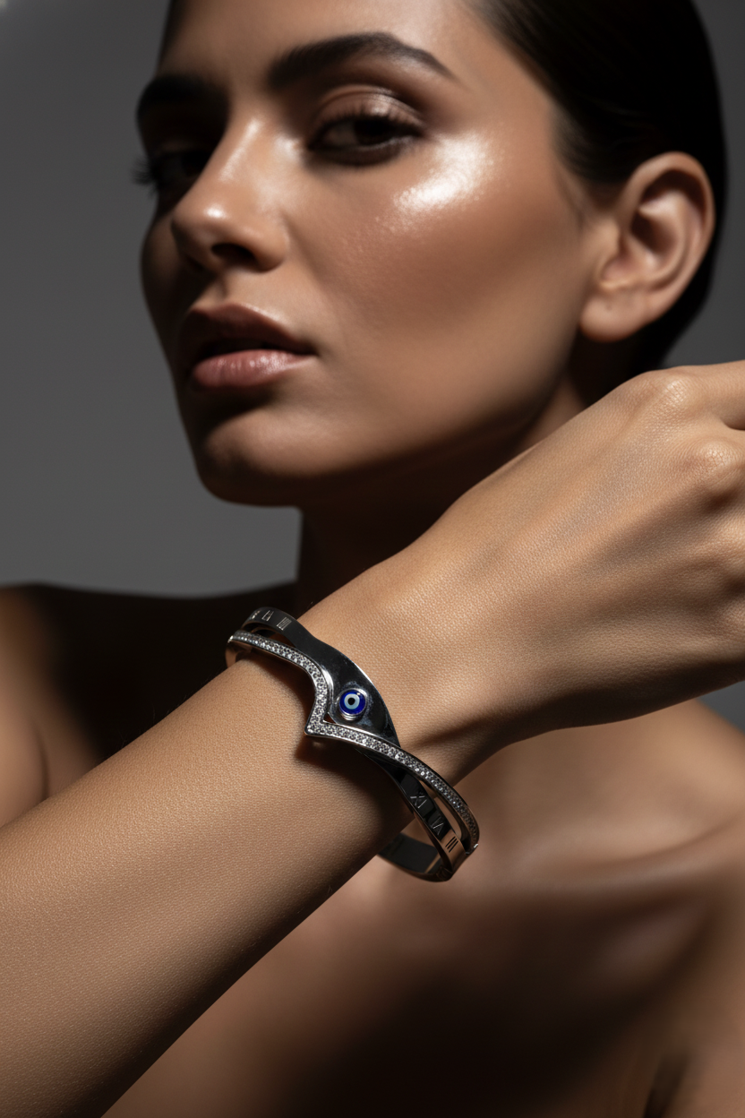 Nisa Premium Silver-Polish Delicate Evil-Eye Design With Diamond Studded Bracelet For Women and Girls