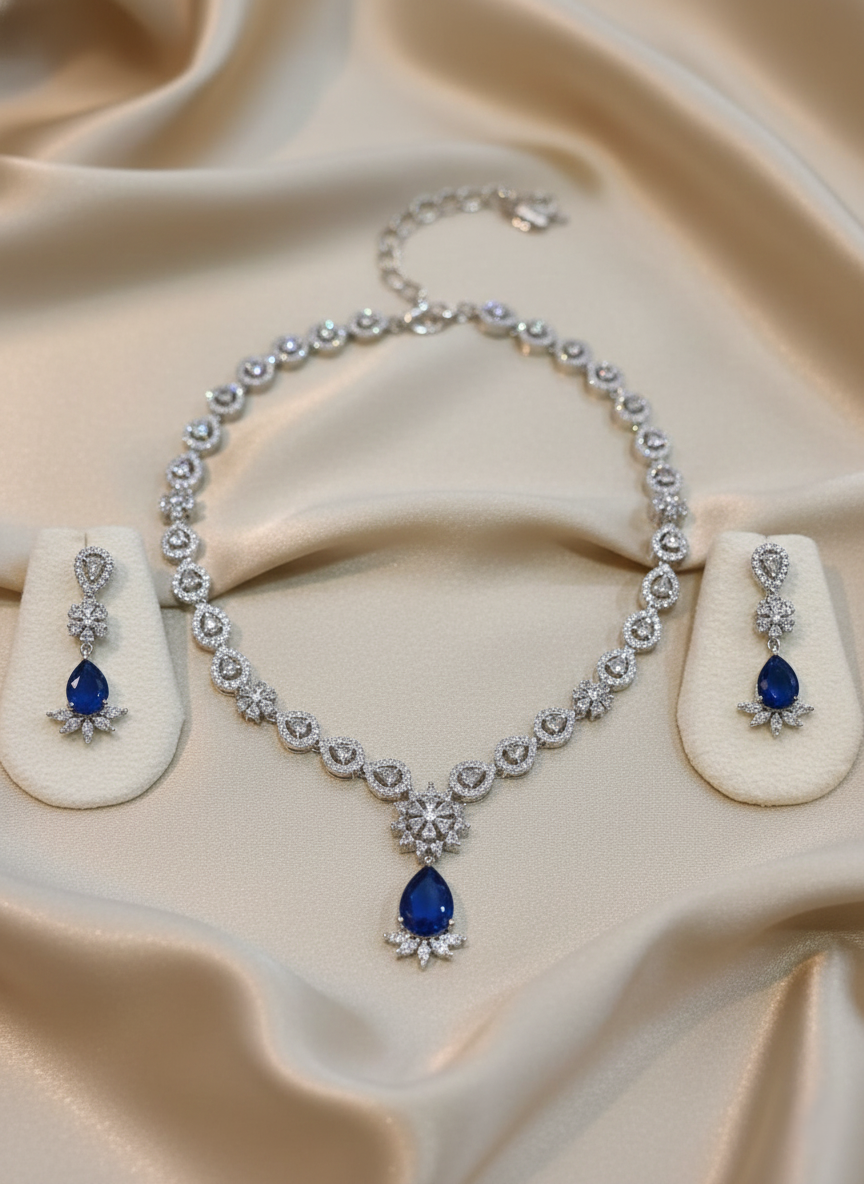 Royal Blue Pear-Drop AD Necklace & Earring Set