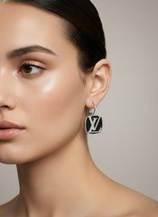 Silver Tone Black Enamel Monogram Earrings