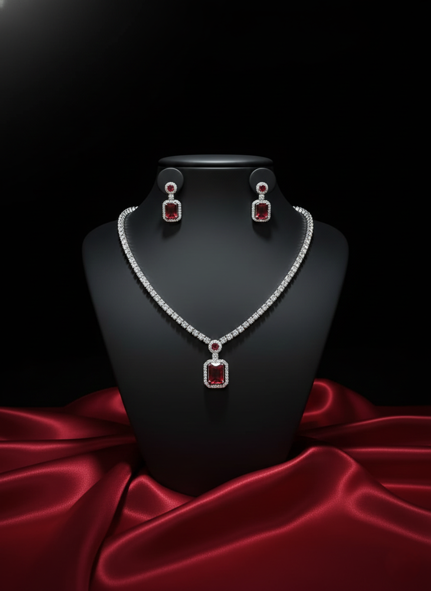 NISA  Red Crimson AD Necklace & Earring Set