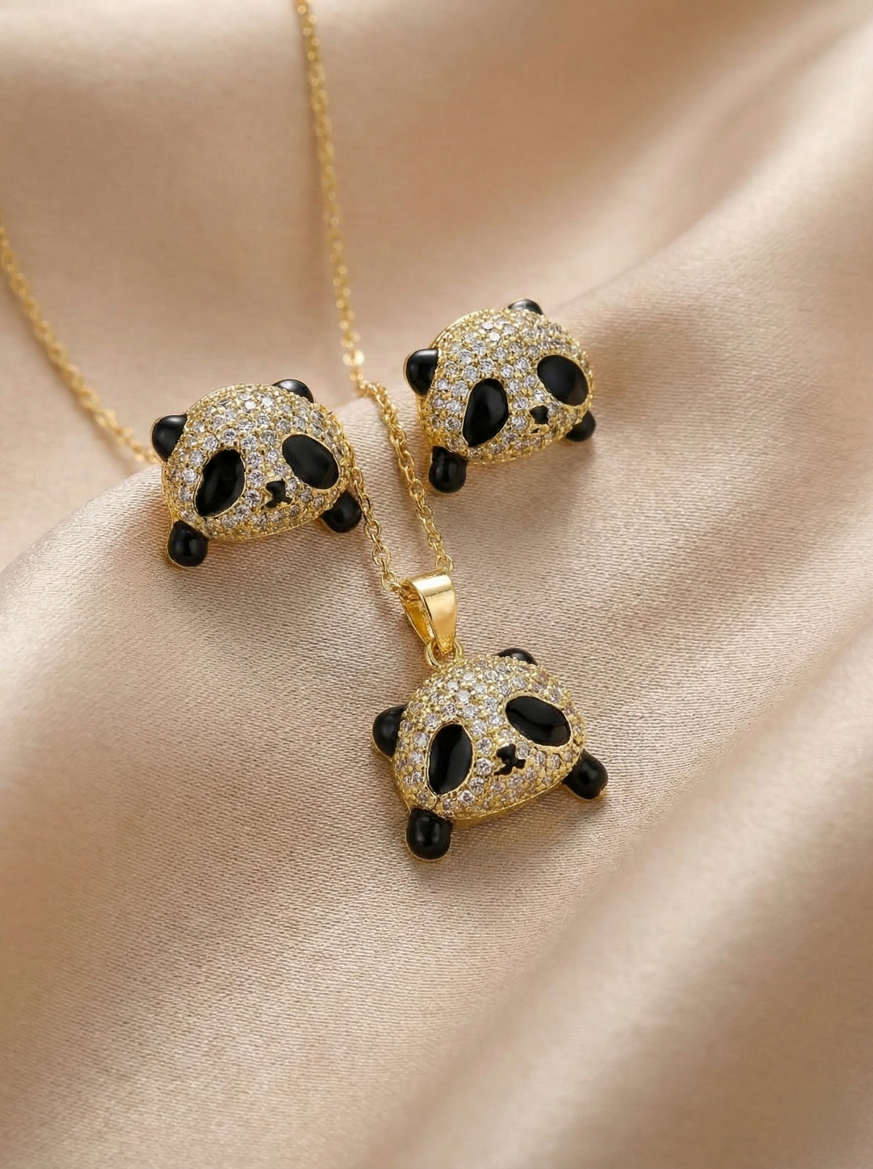 Sparkling Gold-Tone Panda Pendant Set with Matching Stud Earrings