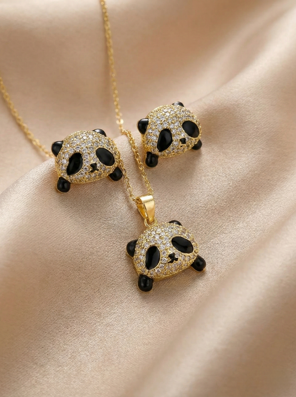 Sparkling Gold-Tone Panda Pendant Set with Matching Stud Earrings