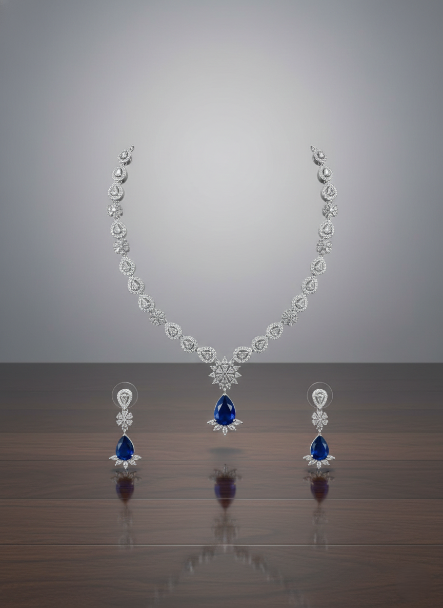 Royal Blue Pear-Drop AD Necklace & Earring Set