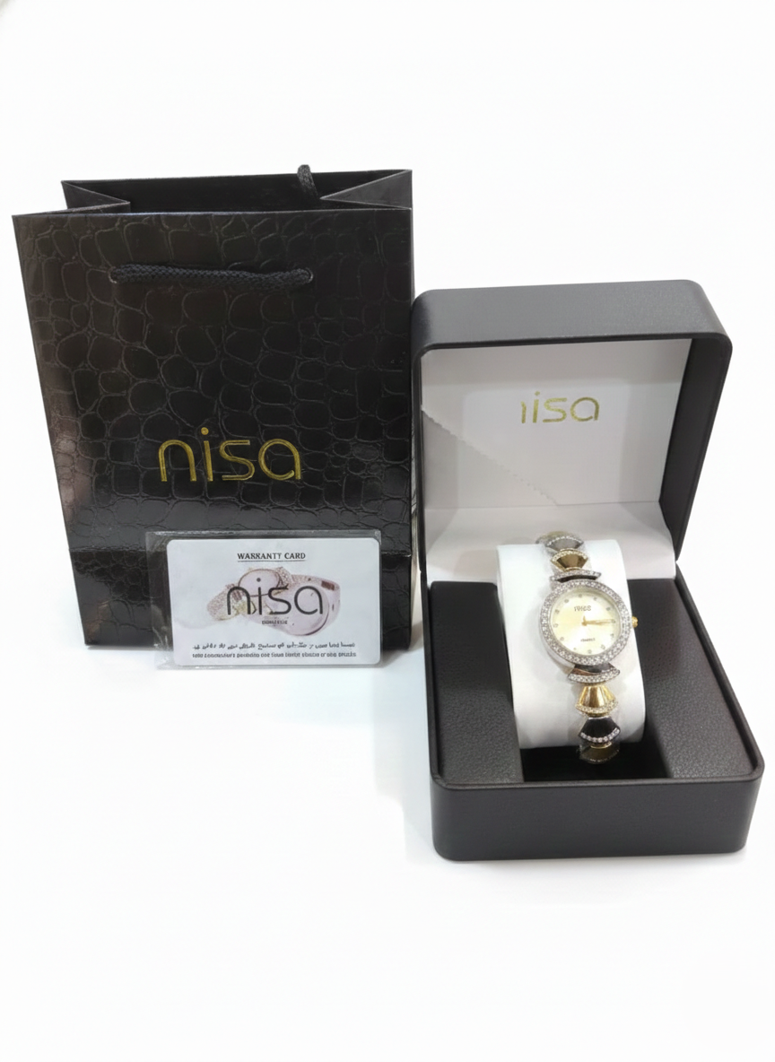 Nisa Designer Two-Tone Women’s Watch with Crystal Accents – Gold & Silver