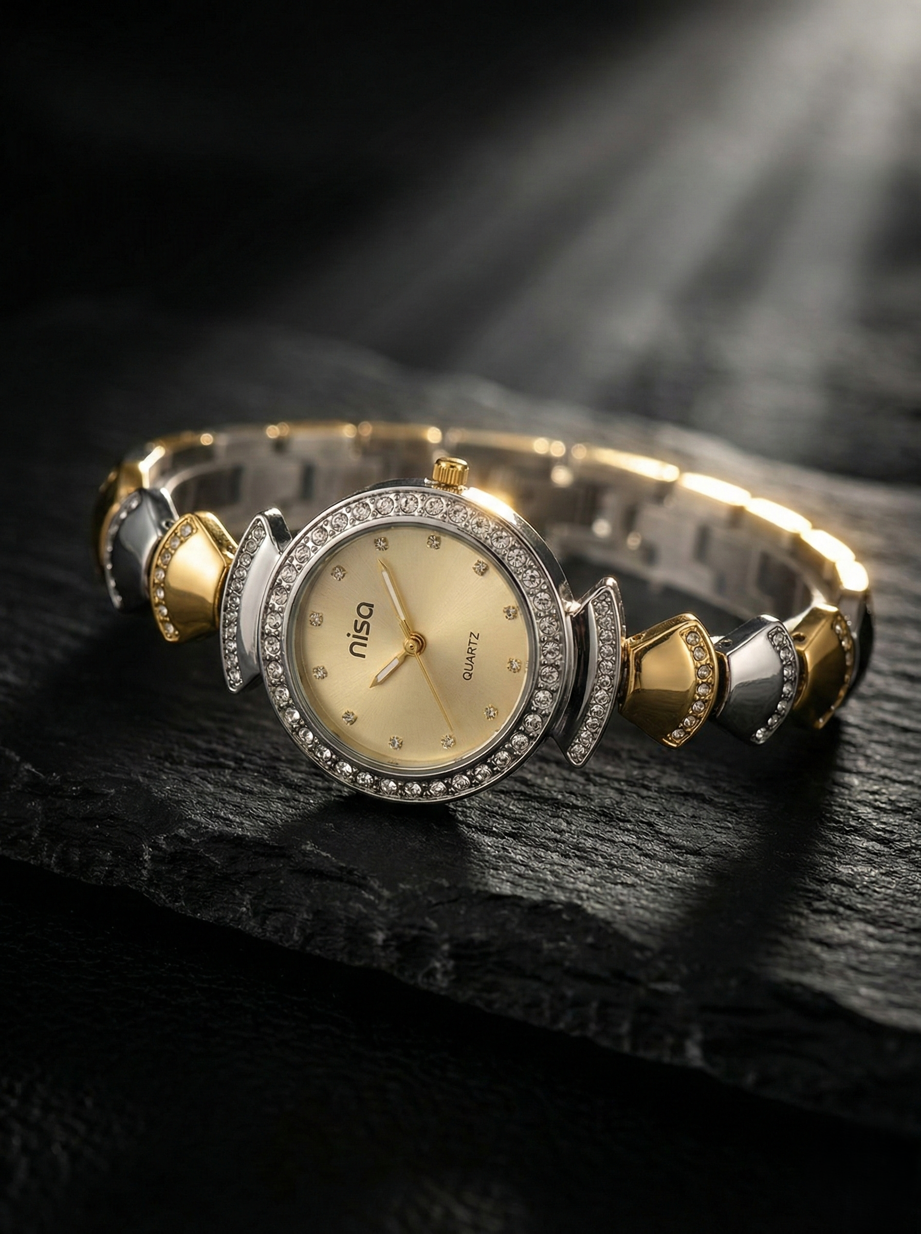 Nisa Designer Two-Tone Women’s Watch with Crystal Accents – Gold & Silver
