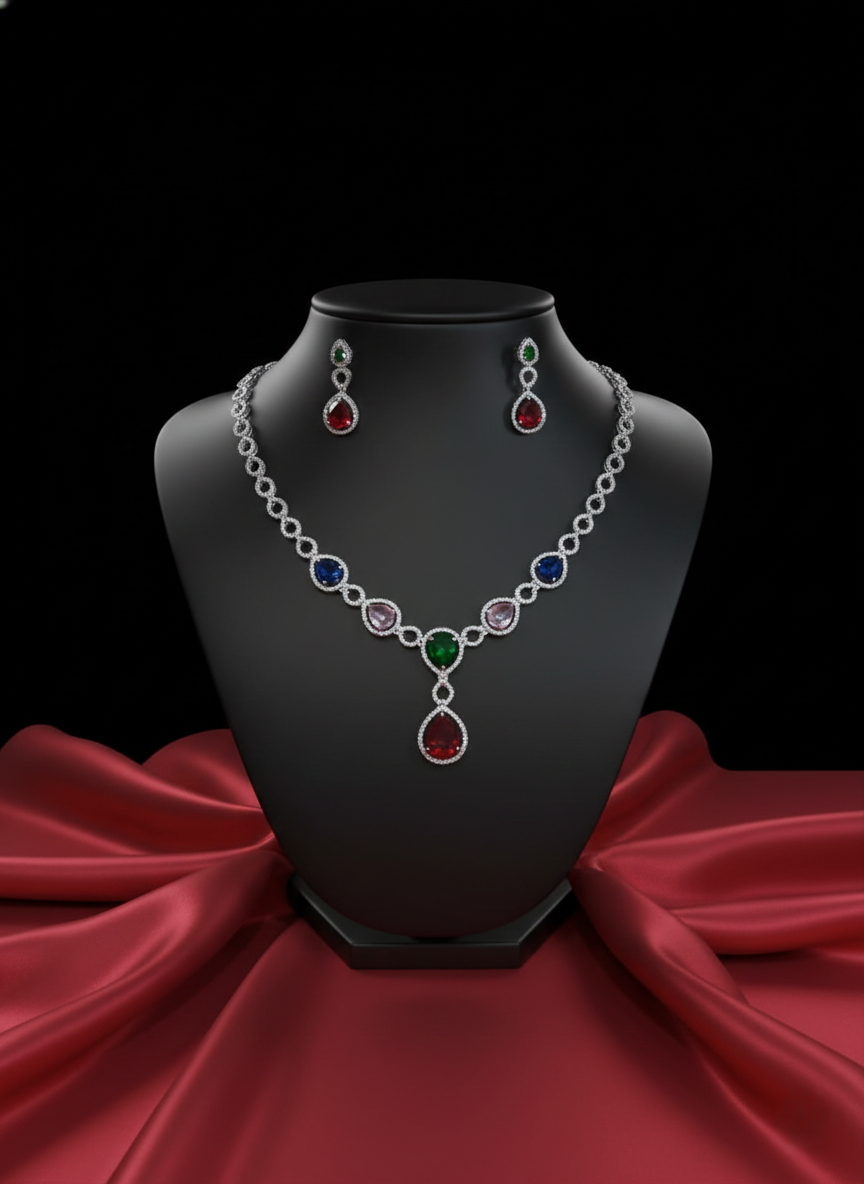 NISA Multi-Color Pear-Drop AD Necklace