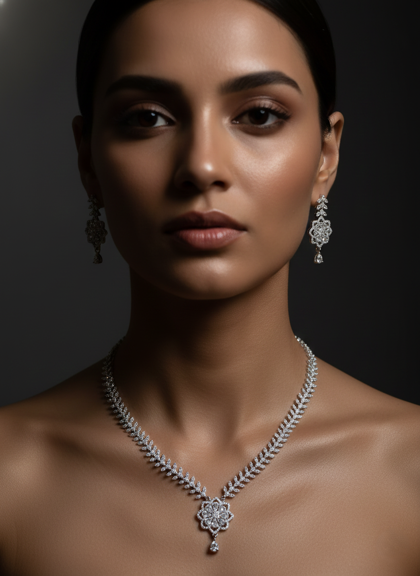 Silver Floral Bloom AD Necklace & Earrings Set