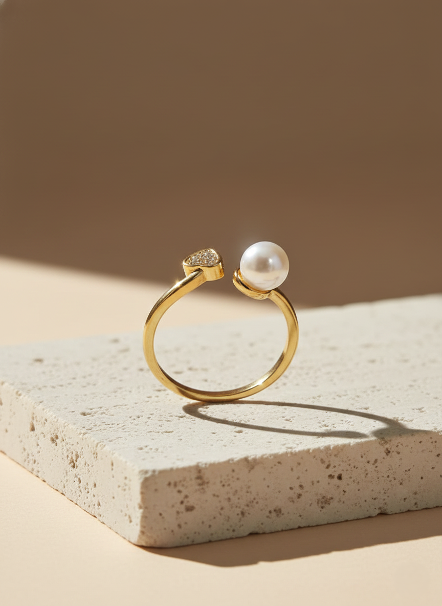 Pearl & Pavé Heart Open Finger Ring