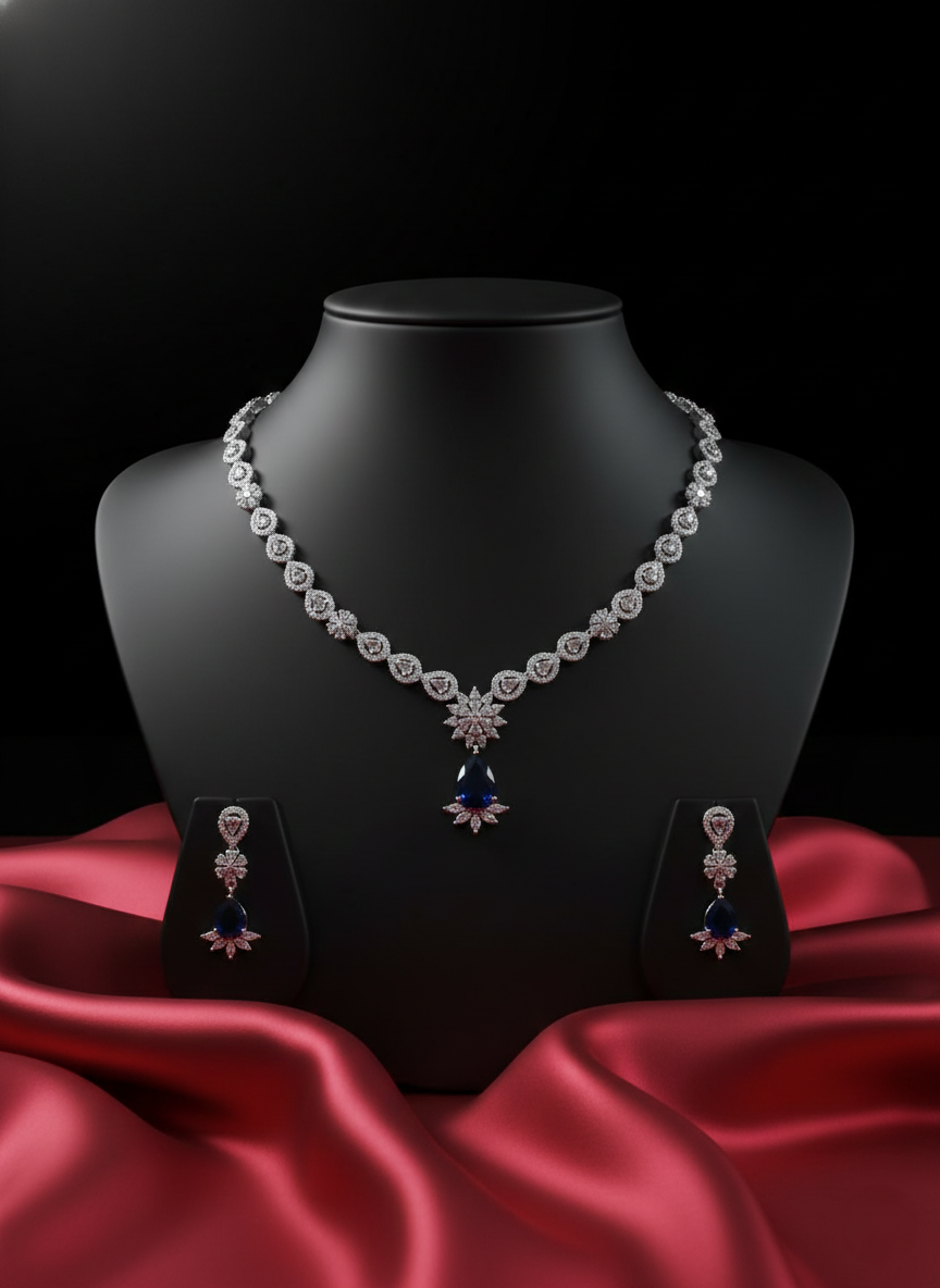 Royal Blue Pear-Drop AD Necklace & Earring Set