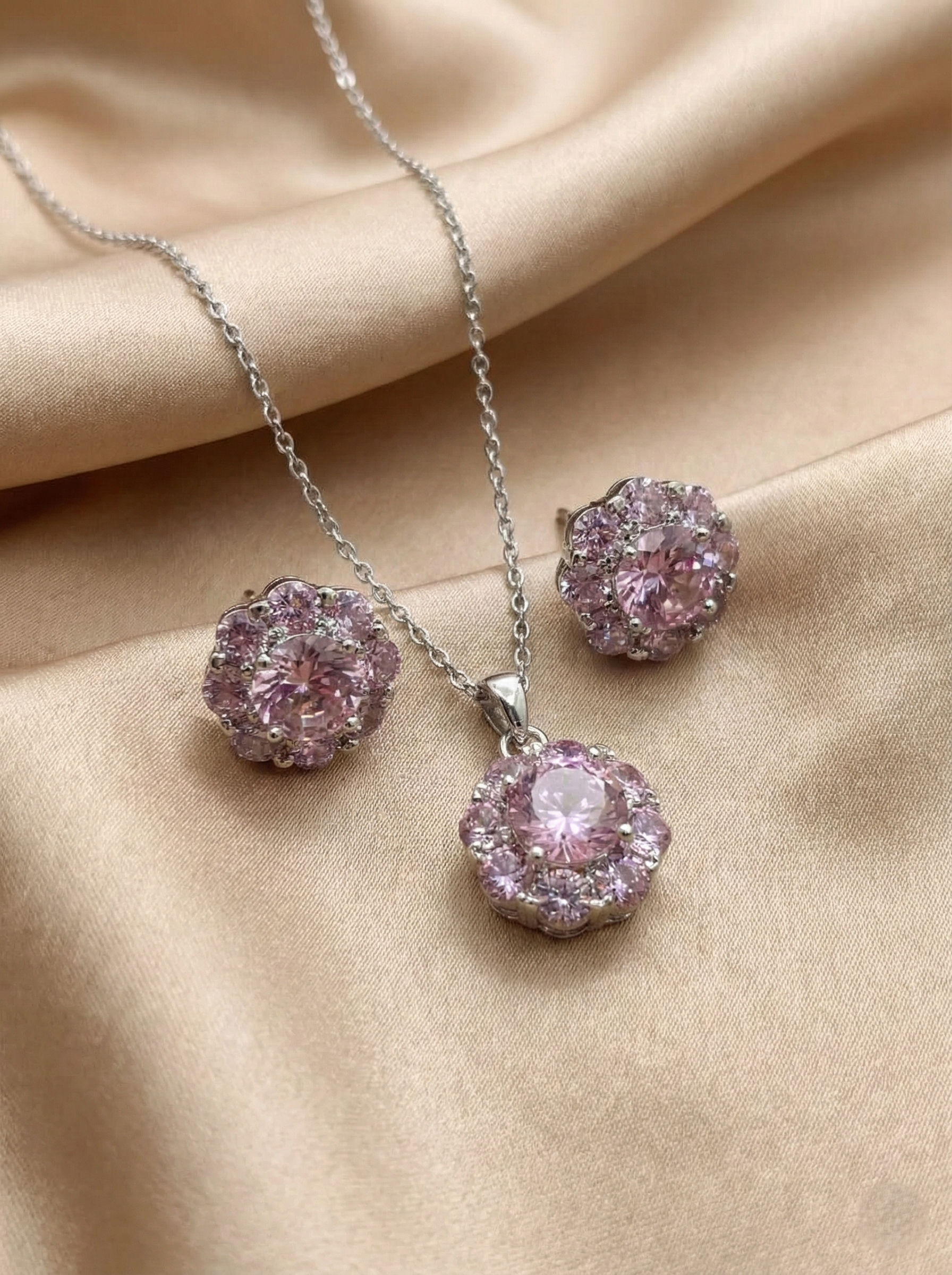 Crystal Floral Pendant Set – Silver Finish