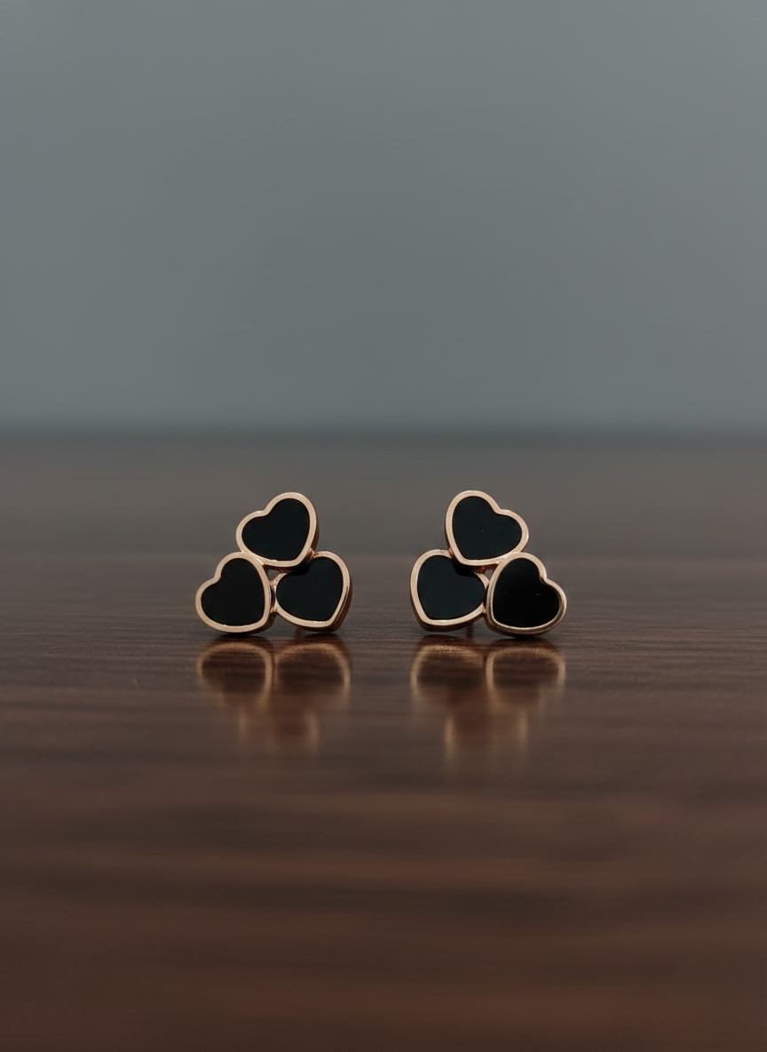 Stainless Steel Triple Heart Black Onyx & Rose Gold Studs