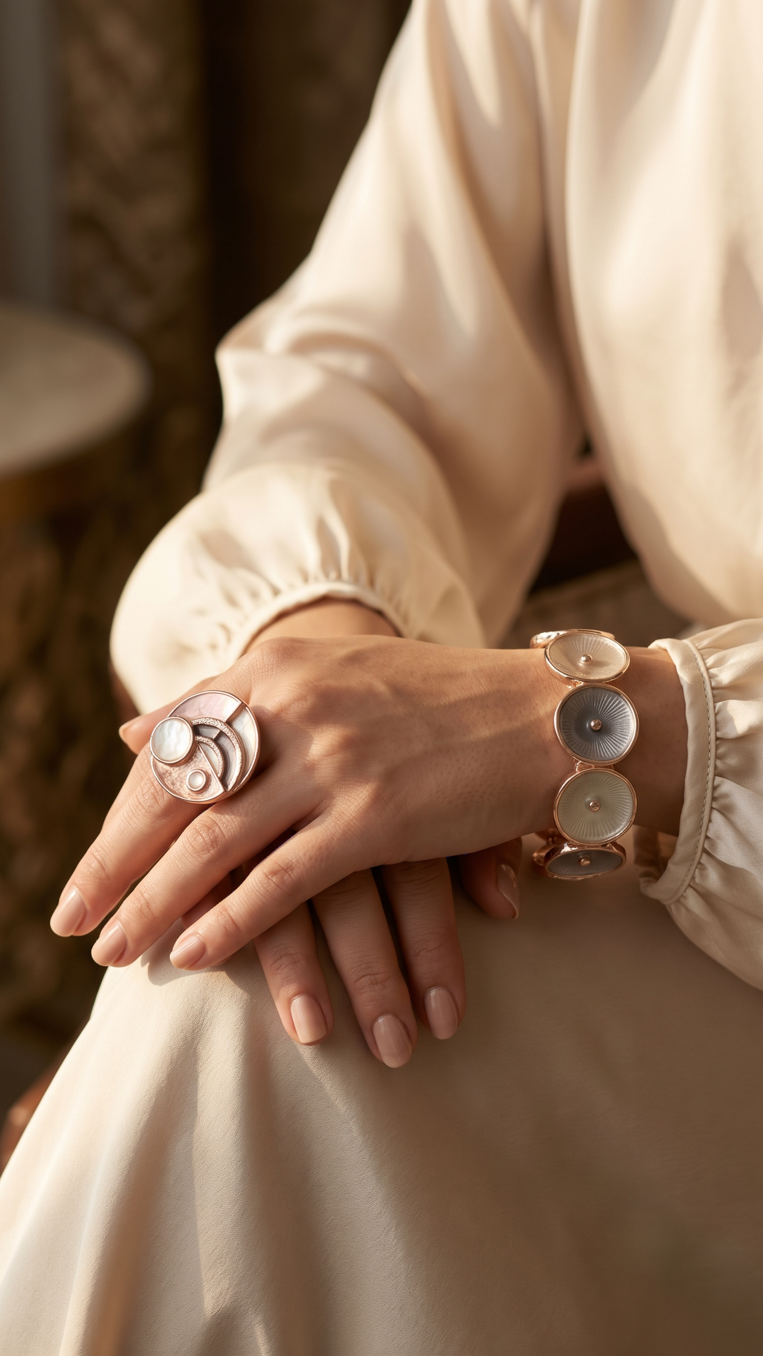 Nisa Pastel Enamel Oval Motif Bracelet & Statement Ring Combo