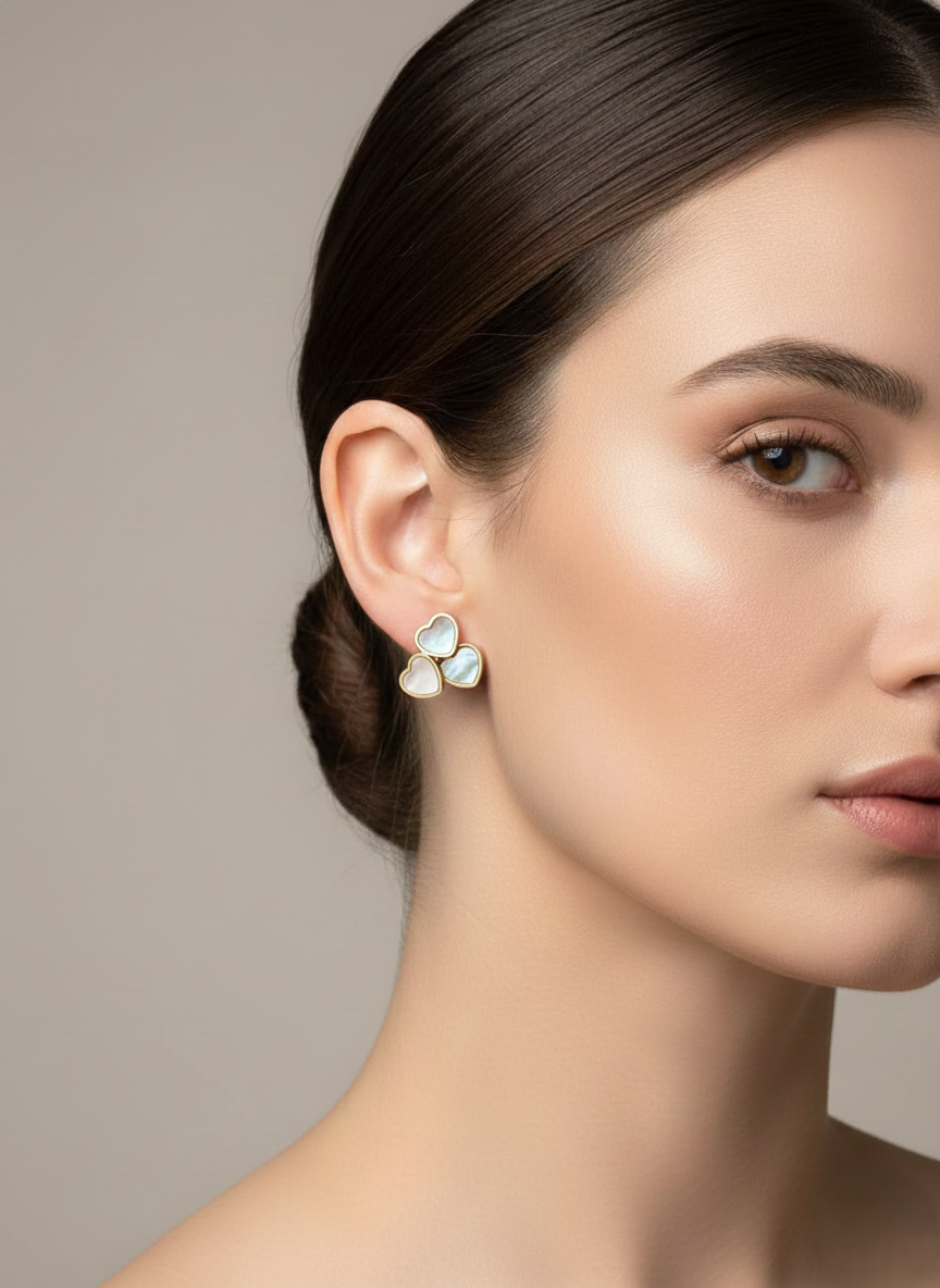 Stainless Steel Triple Heart White  & Gold Studs