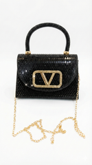 Nisa Black V-Emblem Crystal Evening Purse