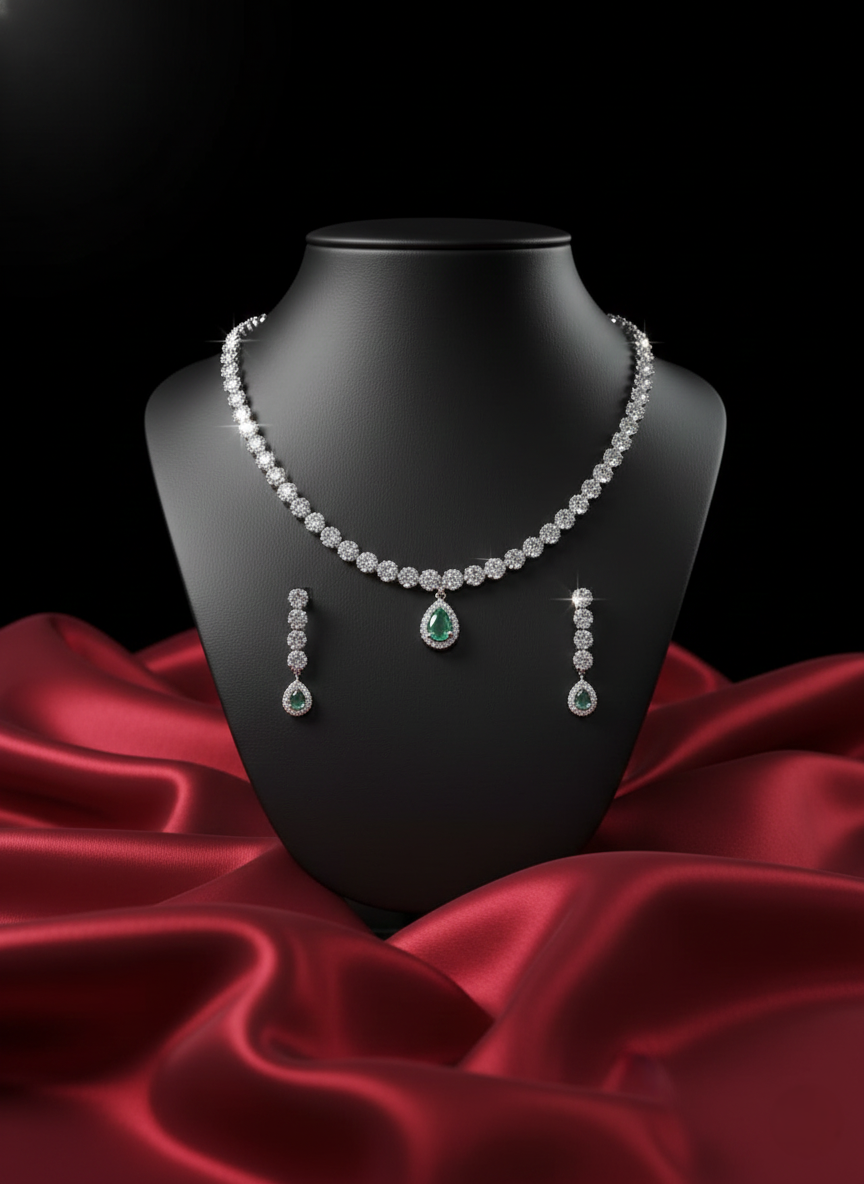 AYNA Mint Pear-Drop AD Necklace & Earring Set