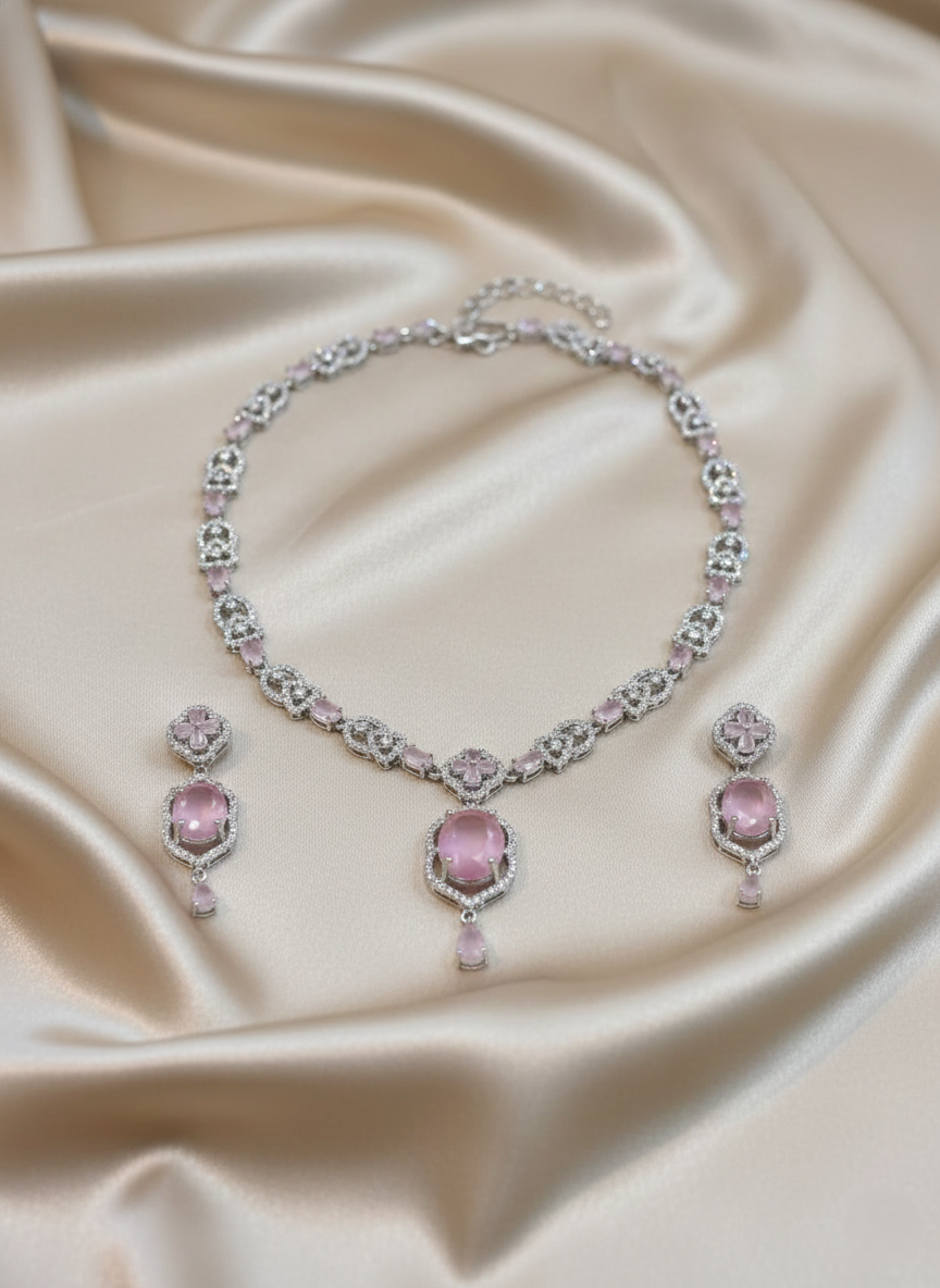 NISA Pink Quartz & Zirconia AD Necklace Set