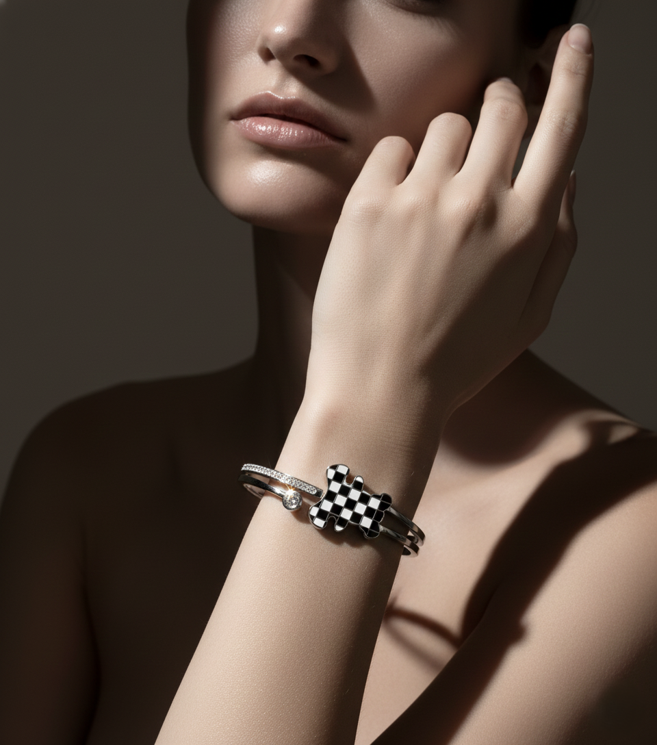 Nisa Premium Silver-Polish Teddy-Bear Chess Design With Diamond Studded Bracelet For Women and Girls