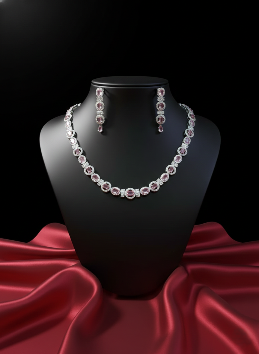 Pink Quartz & Halo AD Necklace