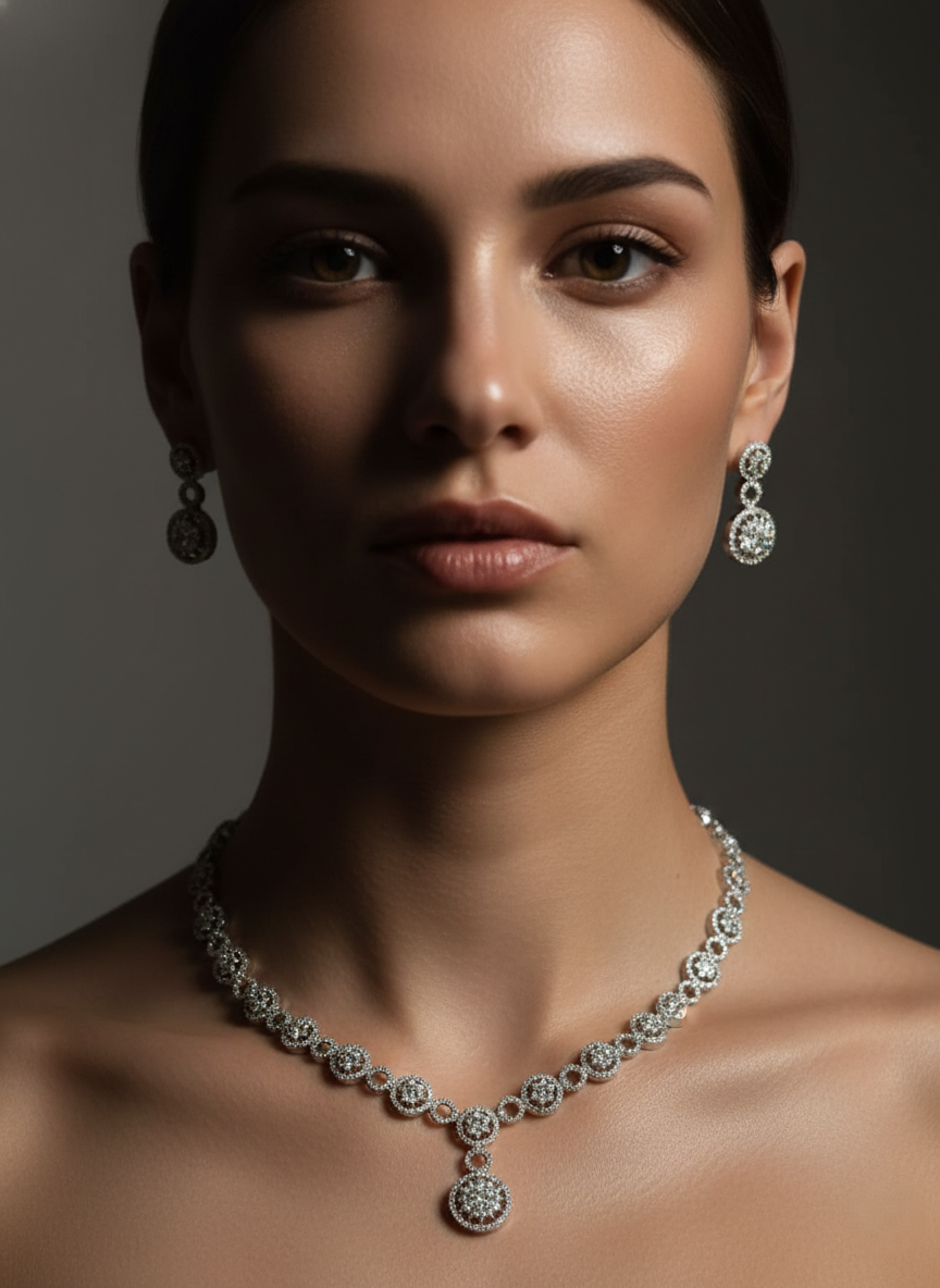 Silver-Finish AD Necklace & Earrings Set