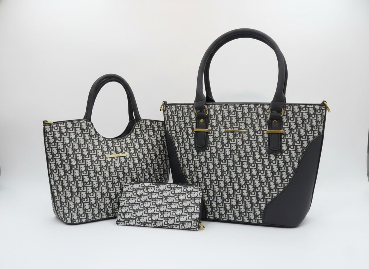 3-Pcs Combo Tote & Satchel Set - Blue with Black Print