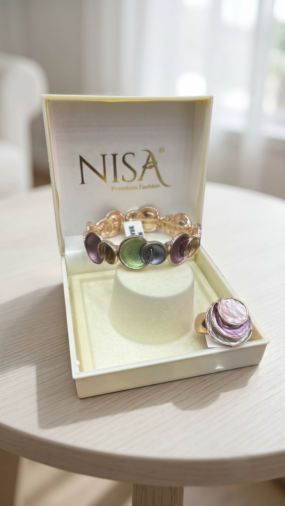 Nisa Artisan Pastel Glaze Textured Bracelet and Ring Jewelry Set