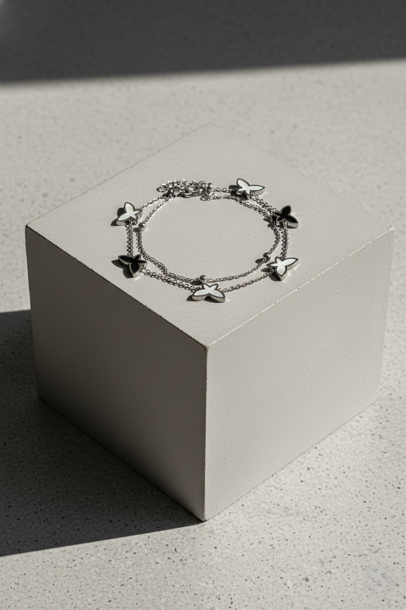 Nisa Premium Silver-Polish Butterfly Design With Black & White Pearl Studded Bracelet For Women and Girls