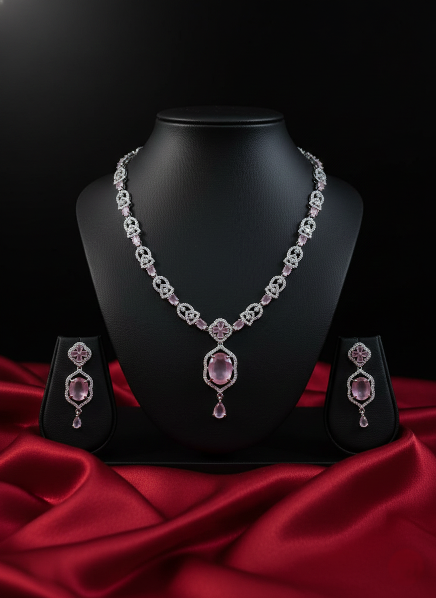 NISA Pink Quartz & Zirconia AD Necklace Set