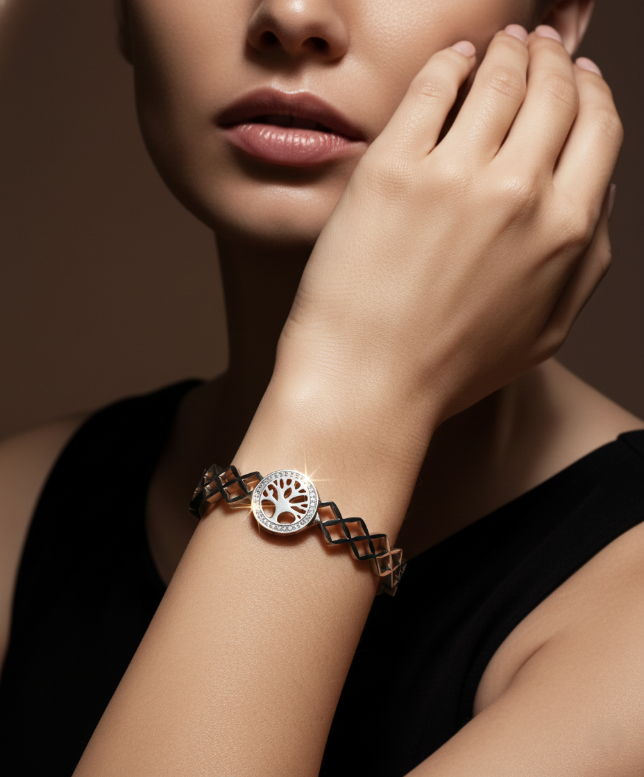 Nisa Premium Silver-Polish Tree Design With Diamond Studded Bracelet For Women and Girls