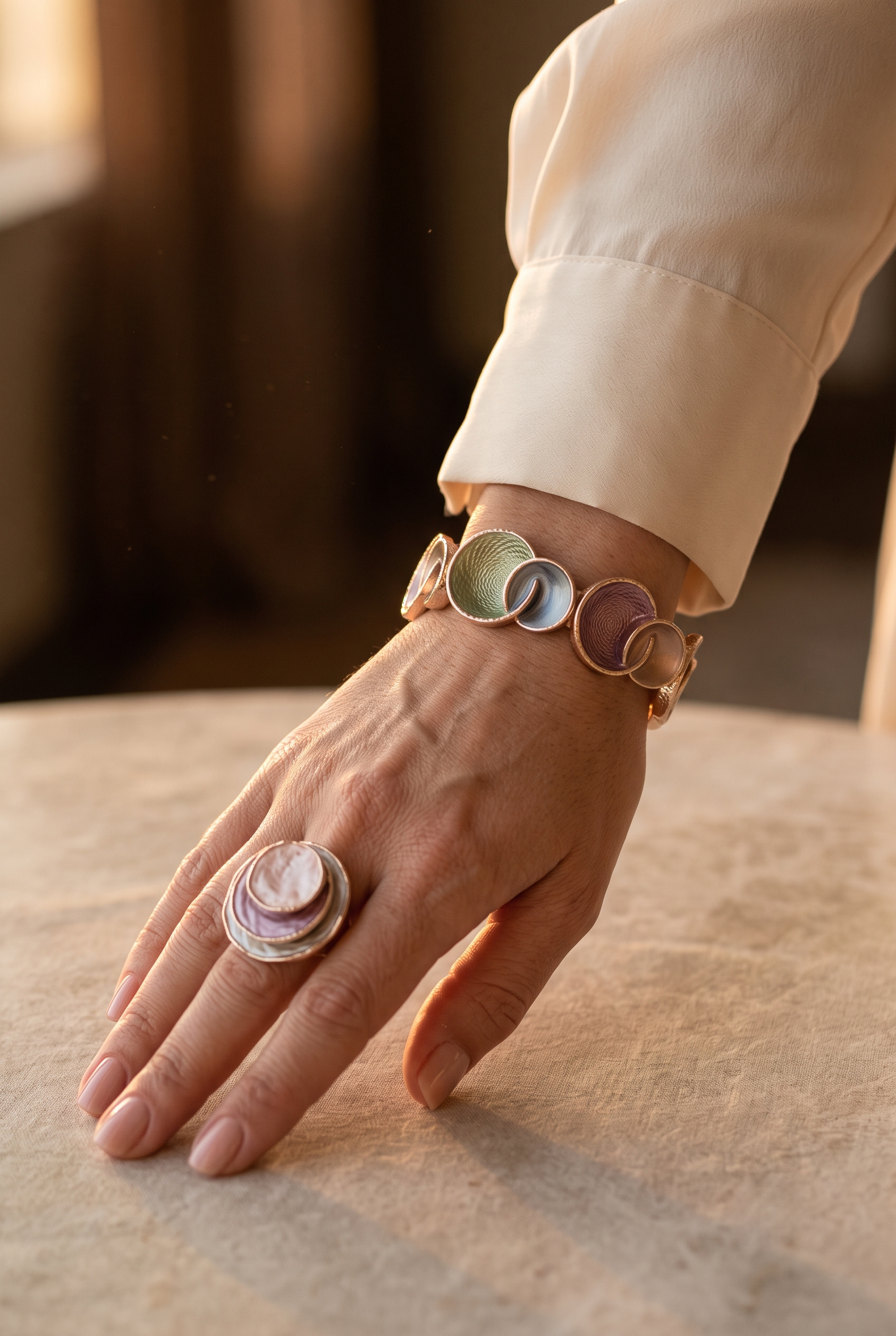 Nisa Artisan Pastel Glaze Textured Bracelet and Ring Jewelry Set