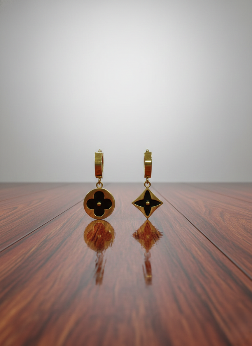 Stainless Steel Gold-Tone Black Enamel Flower & Star Drop Earrings