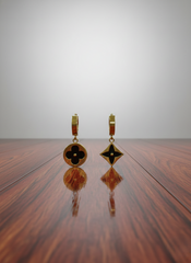 Stainless Steel Gold-Tone Black Enamel Flower & Star Drop Earrings