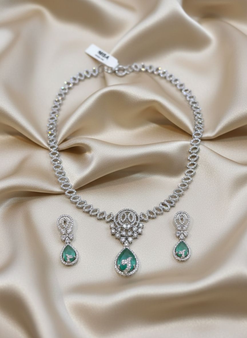 NISA Silver - Mint Teardrop AD Necklace & Earring Set.