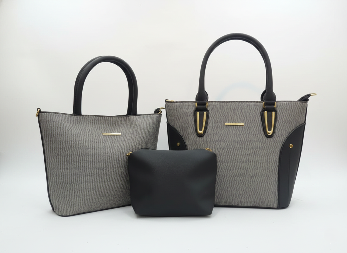 3-Pcs Combo Tote & Satchel Set - Sophisticated Grey & Black