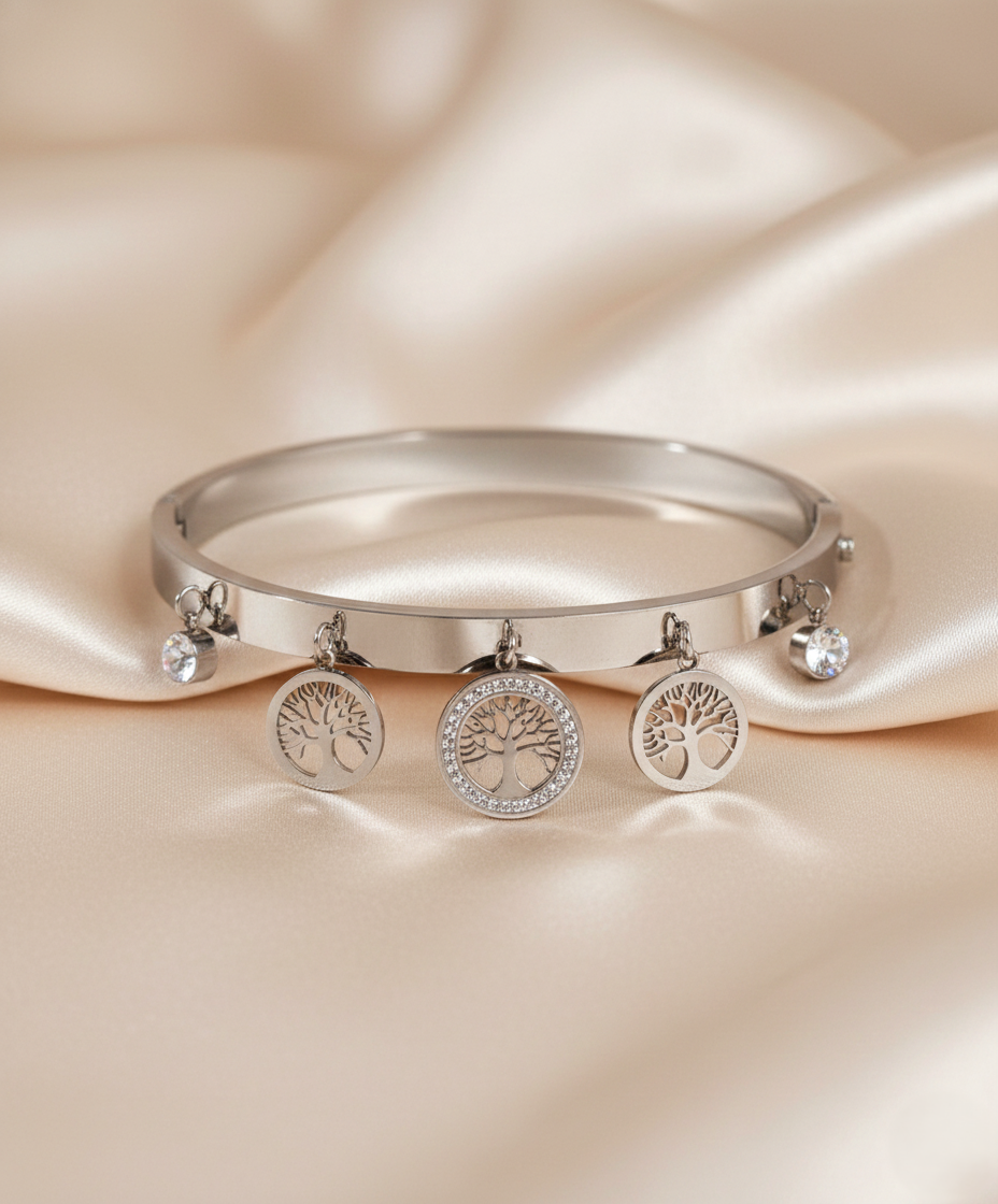Nisa Premium Silver-Polish Hanging Tree Shape Design With Diamond Studded Bracelet For Women and Girls